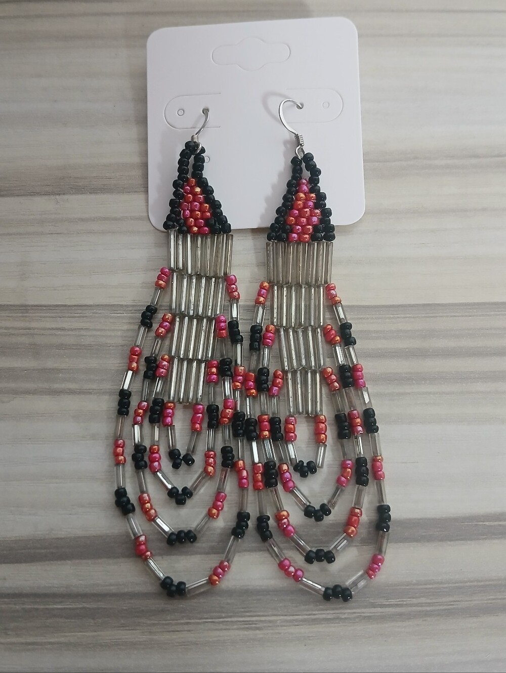 Handmade Seed Bead Black Coral Red Iridescent Clear Looped Dangle Earrings